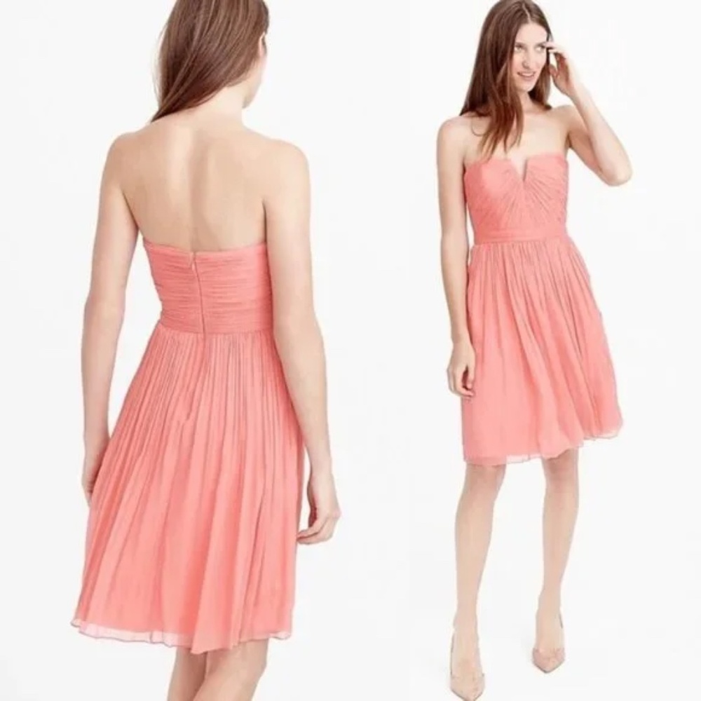 J. Crew Nadia Silk Chiffon Bridesmaid Dress Pleated V Neck Bright Coral Size 6
